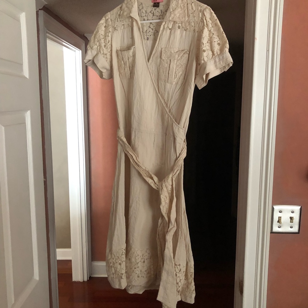 Cream lace trim cotton faux wrap dress